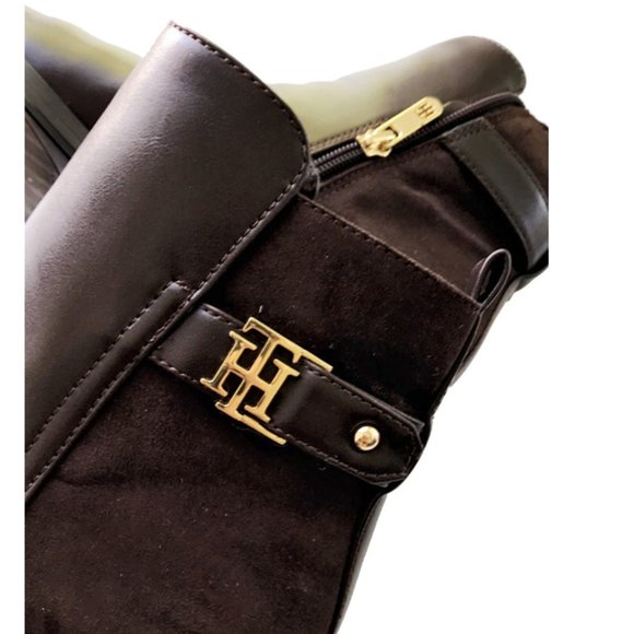 Tommy Hilfiger Irsela Brown Gold Ankle Zip Leather Booties - Picture 8 of 13